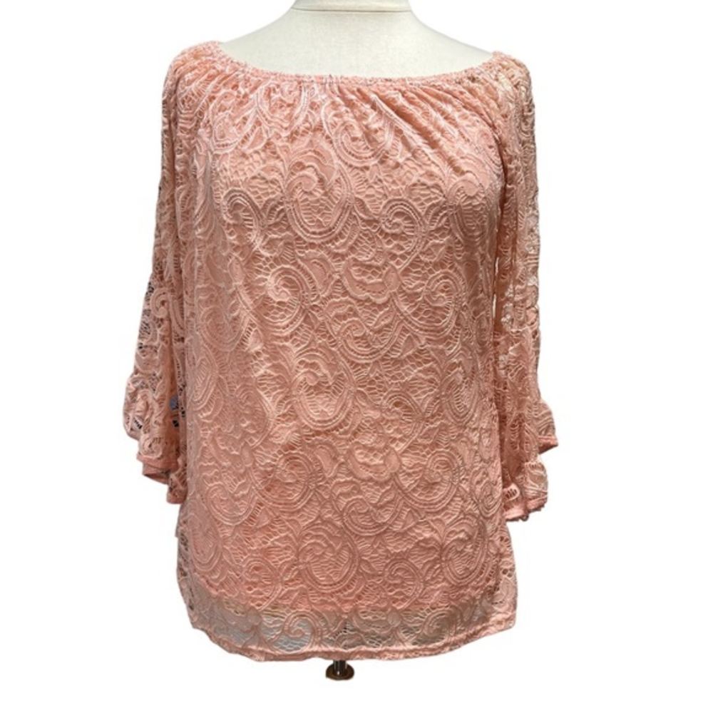 Full Lace Tunic Peach Coral Off Shoulder‎ Bell Sleeve Ruffle Top L-XL NEW #376